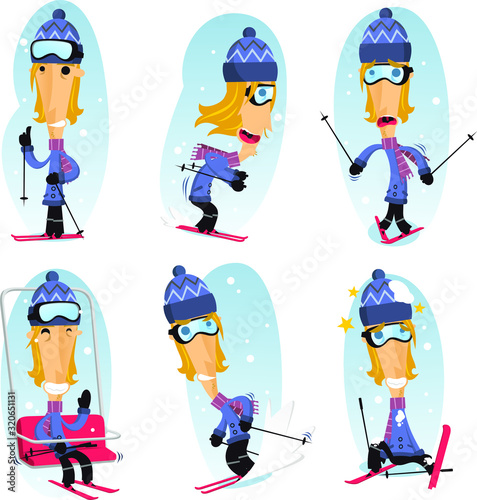skiing cartoon set