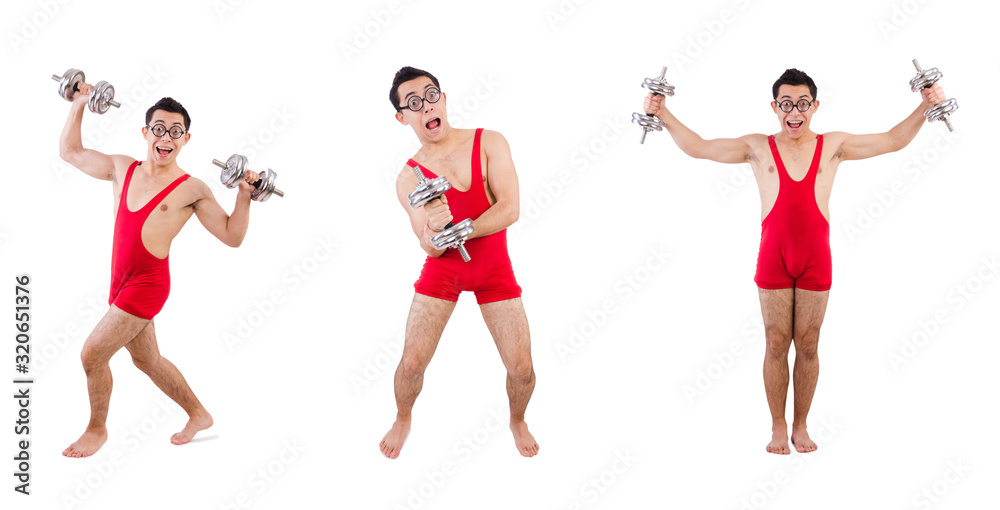 Funny guy with dumbbels on white Funny guy with dumbbels on white