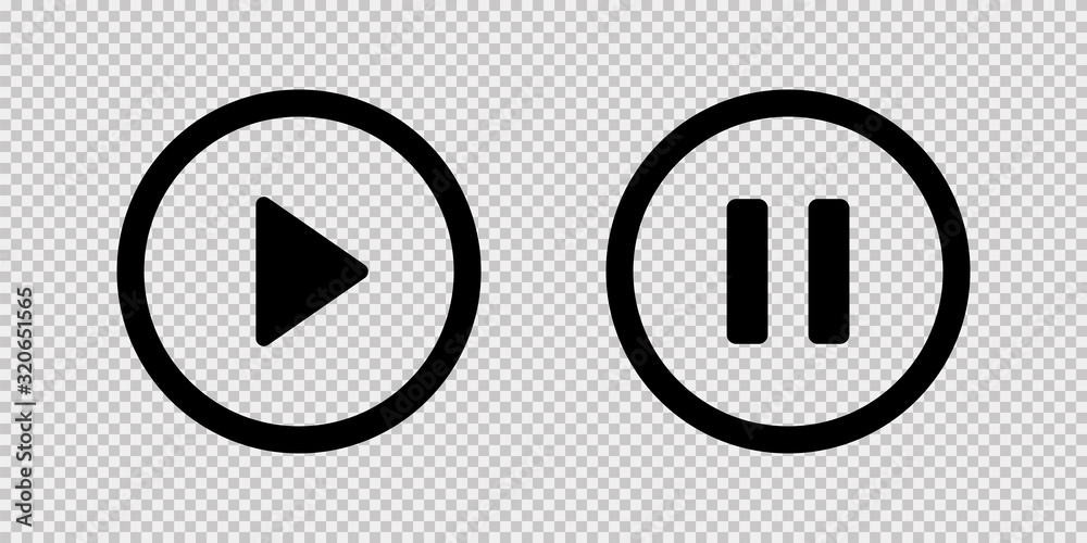 Play and pause vector button black icons isolated on transparent  background. Black vector media play pause icons or sign symbols.  Stock-Vektorgrafik | Adobe Stock