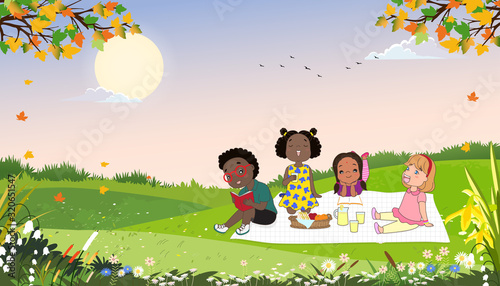 Cute cartoon group of kids having picnic in the park in sunny day spring or summer, Children sitting on blanket and eating sandwich and fresh juice for their lunch. Schoolchildren relaxing outdoor