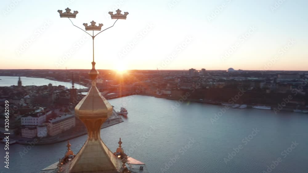 Aerial circle shot of famous City Hall in Stockholm with center in background