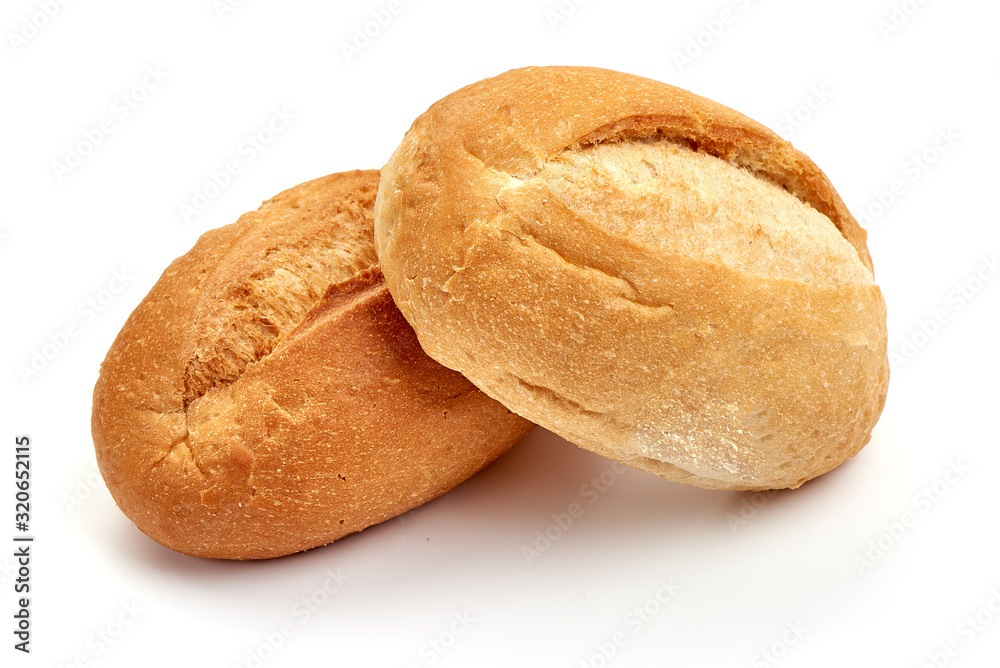Freshly baked crispy bread rolls, isolated on white background