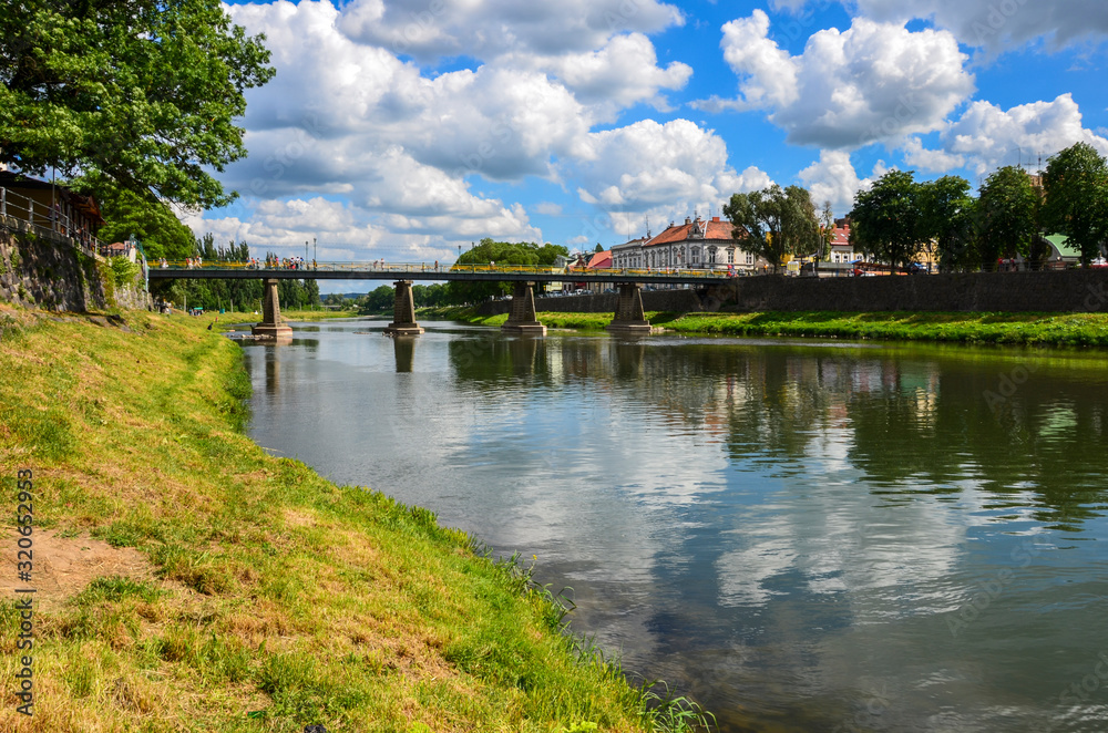 View of bridge on river Uzh at city Uzhgorod, Transcarpathia, Ukraine Europe