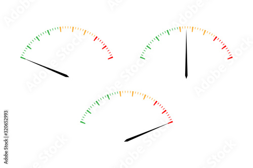Set of simple vector tachometers with indicators in red, yellow and green part,  speedometer icon, performance measurement symbol isolated on white background
