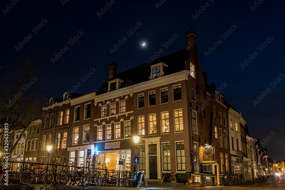 Corner houses at night in Utrecht 
