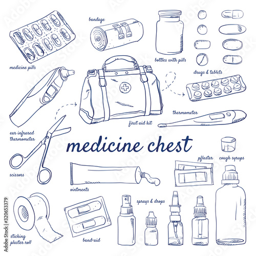 Doodle set medicine chest – first aid kit, drugs, tablets, pills, bandage, bottle, infrared thermometer, scissors, ointments, sprays, drops, band-aid, syrups, hand-drawn. Vector sketch illustration.