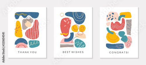 Set of creative universal artistic cards.Modern vector illustrations with hand drawn organic shapes and textures.Trendy contemporary design for prints,flyers,banners,brochures,invitations,covers.
