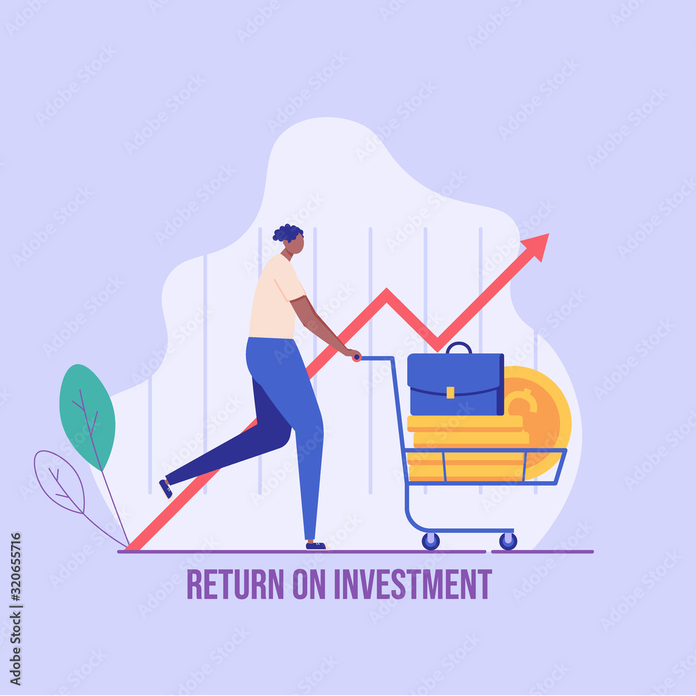 Man making money. African man carrying money on cart or trolley. Concept of return on investment, financial solutions, deposit. Vector illustration in flat design for UI, web banner, mobile app