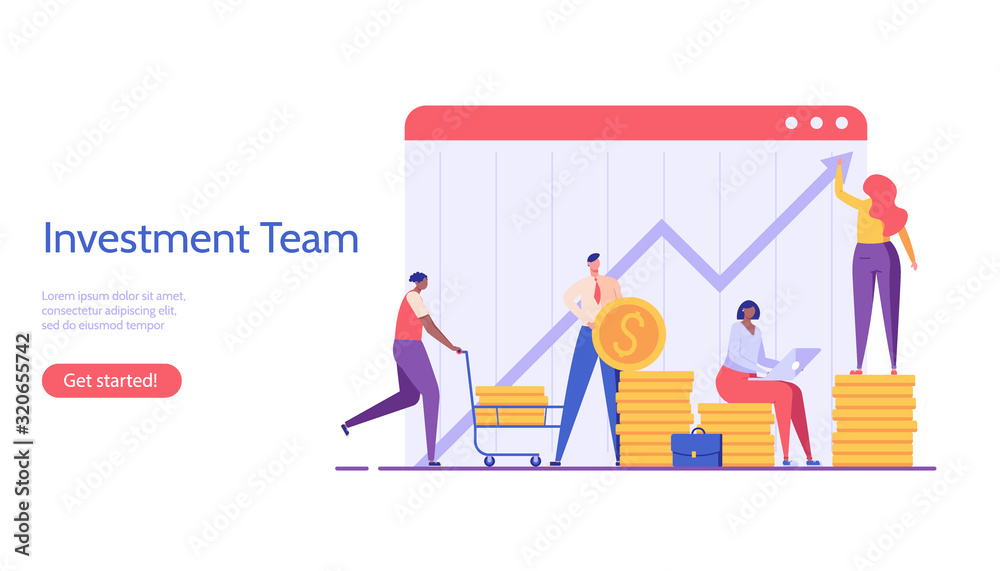 People invest money. Investment team managing financial chart. Concept of business team, return on investment, financial solutions. Vector illustration in flat design for UI, web banner, landing page People invest money. Investment team managing financial chart. Concept of business team, return on investment, financial solutions. Vector illustration in flat design for UI, web banner, landing page