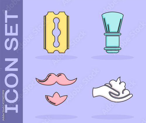 Set Shaving gel foam on hand, Blade razor, Mustache and beard and Shaving brush icon. Vector