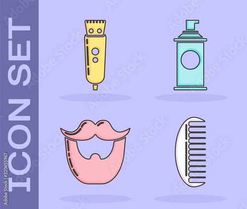 Set Hairbrush, Electrical hair clipper or shaver, Mustache and beard and Shaving gel foam icon. Vector