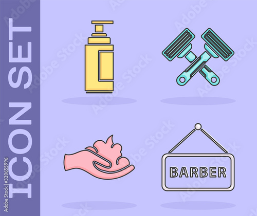 Set Barbershop, Cream or lotion cosmetic tube, Shaving gel foam on hand and Crossed shaving razor icon. Vector