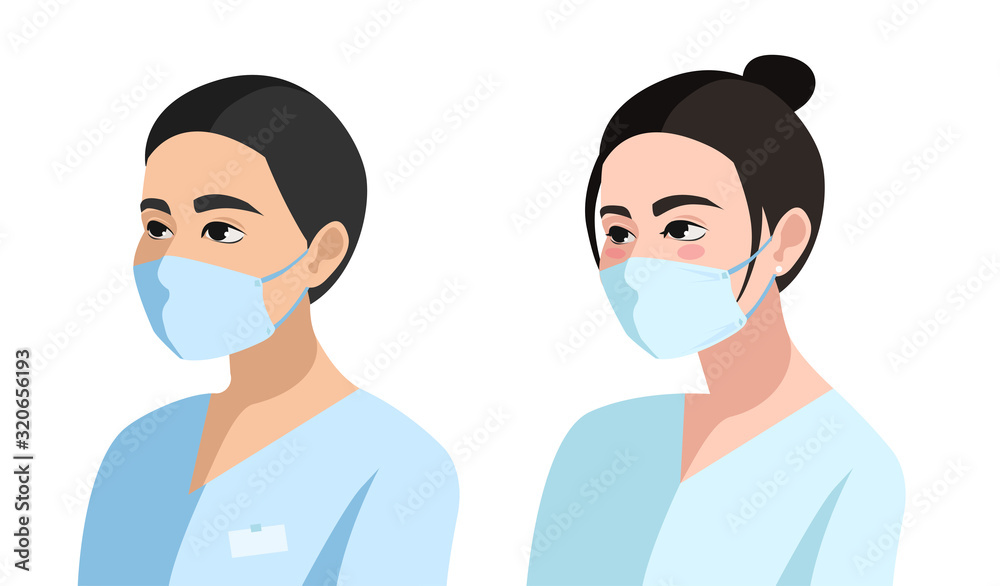 doctors male and female Asian ethnicity in medical masks. Portrait of a doctor and a nurse - health care team. isolated vector illustration doctors male and female Asian ethnicity in medical masks. Portrait of a doctor and a nurse - health care team. isolated vector illustration