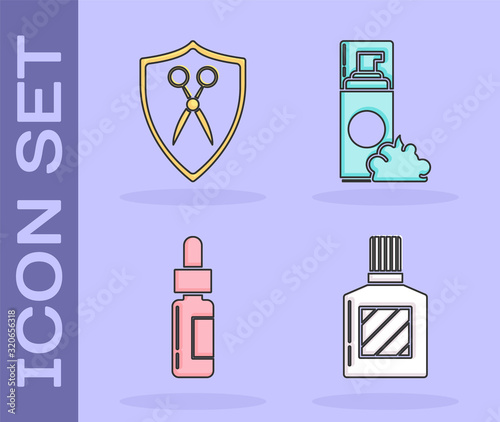 Set Aftershave, Scissors hairdresser and shield, Glass bottle with a pipette and Shaving gel foam icon. Vector