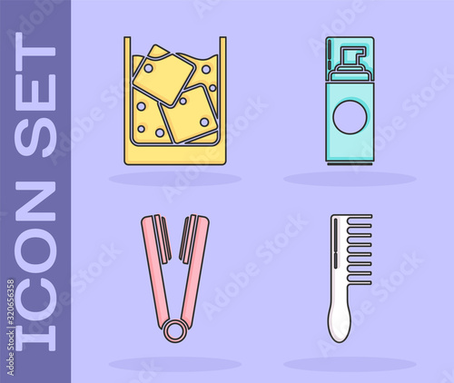 Set Hairbrush, Glass of whiskey and ice cubes, Curling iron for hair and Shaving gel foam icon. Vector