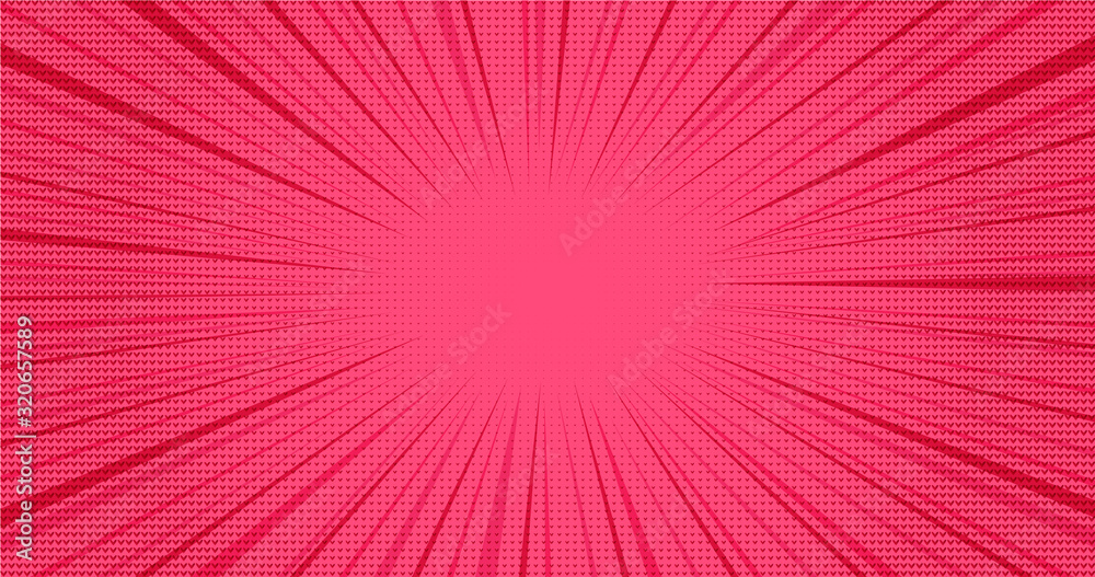 Bright pink retro comic speech background with halftone hearts effect. Lovely red texture with heart shapes shadow and stripes in pop art style for St. Valentines day greeting cards design, banner