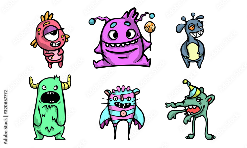 Obraz premium Cute funny colorful fictional monster characters vector illustration