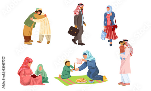 Islamic muslim families and people doing everyday things vector illustration