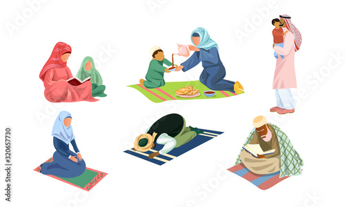 Fotografie, Tablou Arabic muslim families and people doing everyday things vector illustration