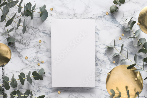 Beautiful abstract floral background. Flat lay, top view eucalyptus on marble background, flat lay on light textured stone table. Trendy background with gold foil circles and confetti.