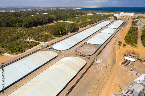 Aerial of wheat storage  grain handlers and blukheads