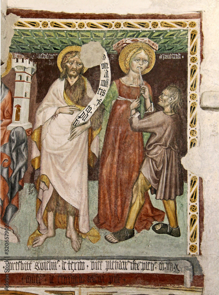San Giovanni Battista e Santa Apollonia; affresco nella chiesa di Santa Maria Assunta, Pieve di Fiemme, Cavalese