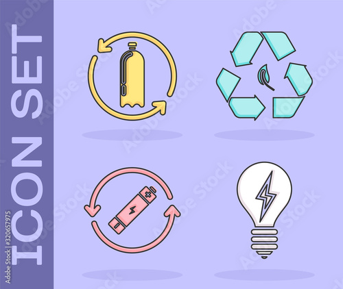 Set Light bulb with lightning symbol, Recycling plastic bottle, Battery with recycle symbol line and Recycle symbol and leaf icon. Vector