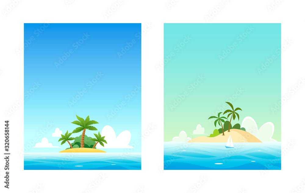 Flyer Mock up template for Tour to marine cruise or Travel to island. Vector illustration with tropical landscape and copy space for captions and order.