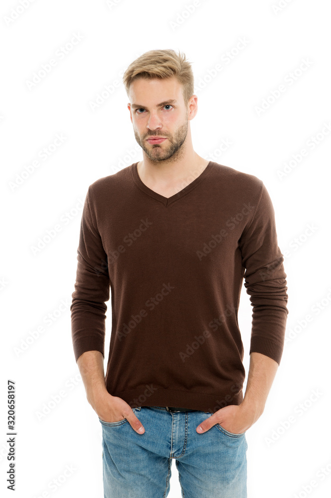 Expressing true sense of personal style. Blond man isolated on white. Handsome man. Man with unshaved facial hair and stylish haircut. Caucasian man in casual style. Fashion and style. Menswear Expressing true sense of personal style. Blond man isolated on white. Handsome man. Man with unshaved facial hair and stylish haircut. Caucasian man in casual style. Fashion and style. Menswear
