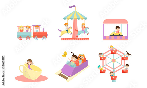 Different carousel types in amusement park for children vector illustration