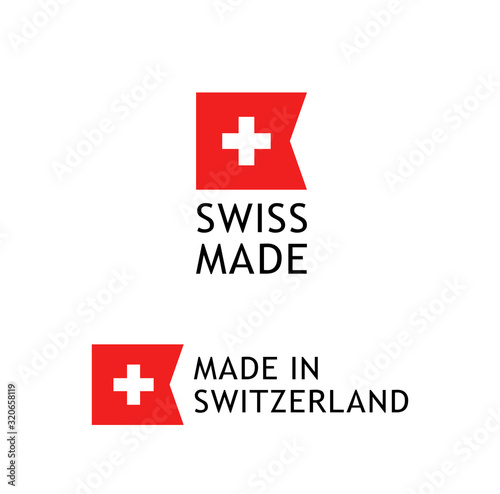 Swiss Made label, sticker with Swiss National Flag on white background. Made in Switzerland warranty sign.