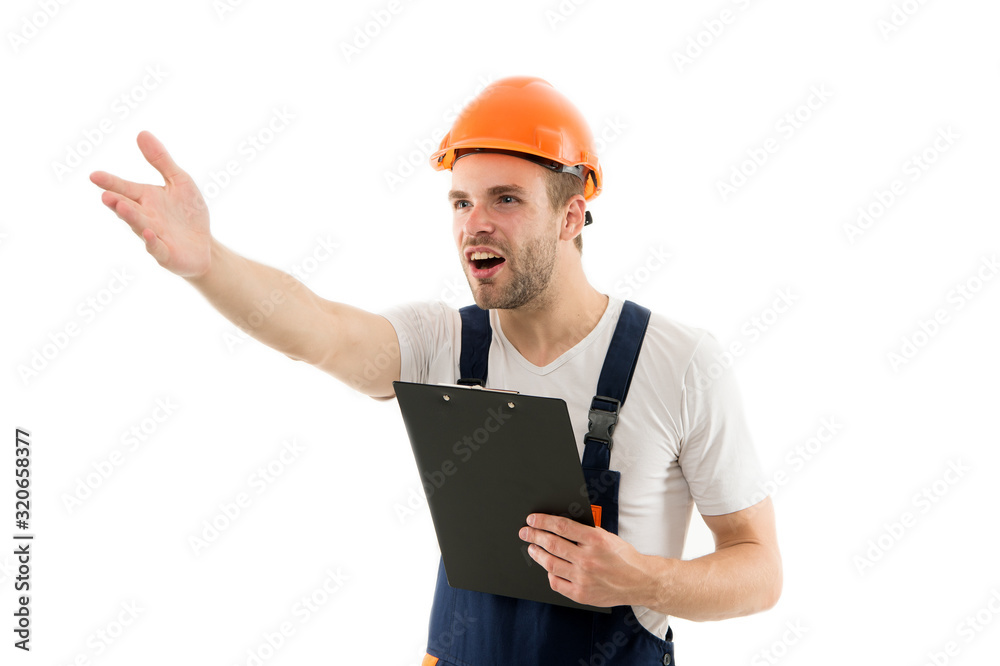 Construction site supervisor. Construction worker isolated on white. Construction manager. Master builder. Building engineer. Construction engineer or builder wear protective helmet and workwear