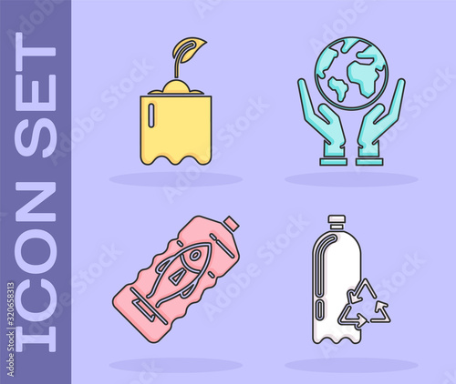Set Recycling plastic bottle, Sprout in bottle, Stop ocean plastic pollution and Human hands holding Earth globe icon. Vector