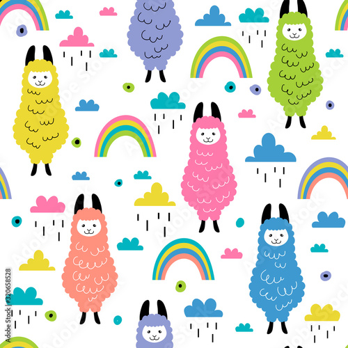 Seamless pattern with cute llamas and rainbows
