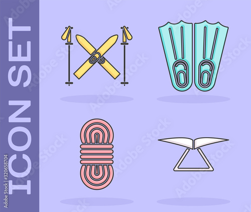 Set Hang glider, Ski and sticks, Climber rope and Rubber flippers for swimming icon. Vector