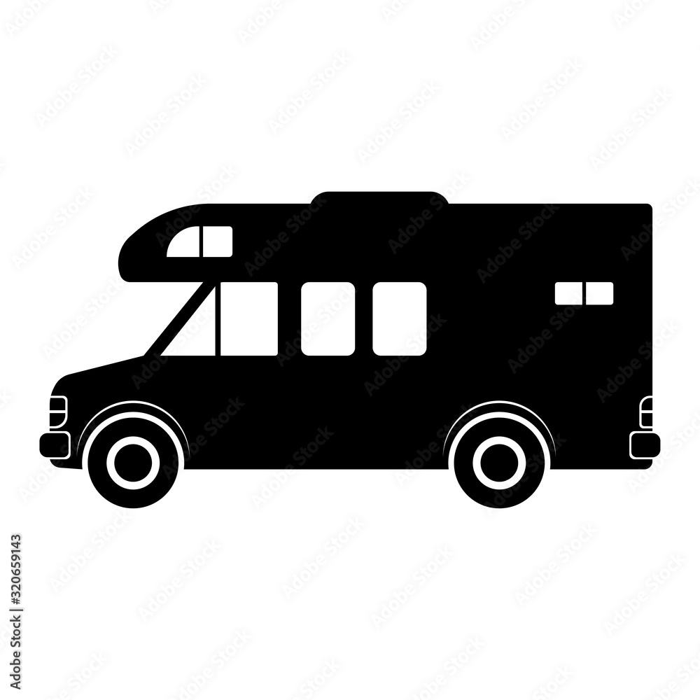 Motorhome icon. Side view. Black silhouette. Vector drawing. Isolated object on a white background. Isolate.