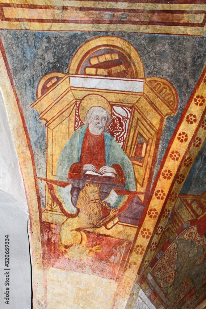 San Marco evangelista; affresco della chiesa di San Marcello a  Dardine in Val di Non; Trentino