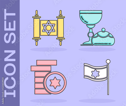 Set Flag of Israel, Torah scroll, Jewish coin and Jewish goblet and hanukkah sufganiyot icon. Vector photo