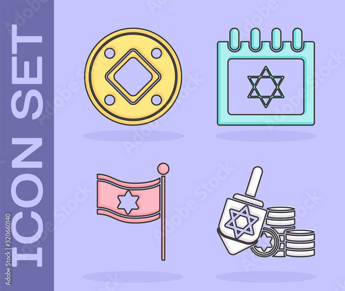 Set Hanukkah dreidel and coin, Jewish coin, Flag of Israel and Jewish calendar with star of david icon. Vector