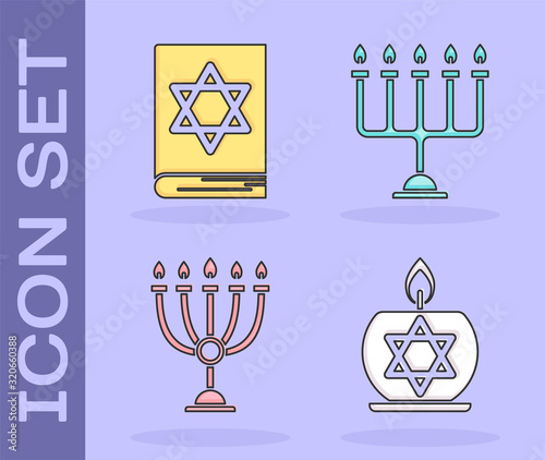 Set Burning candle in candlestick with star of david, Jewish torah book, Hanukkah menorah and Hanukkah menorah icon. Vector