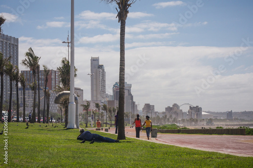 Panorama photo of Durban beachfront or cityscape. View from the gardens towards the big city skyscrapers on a sunny day.