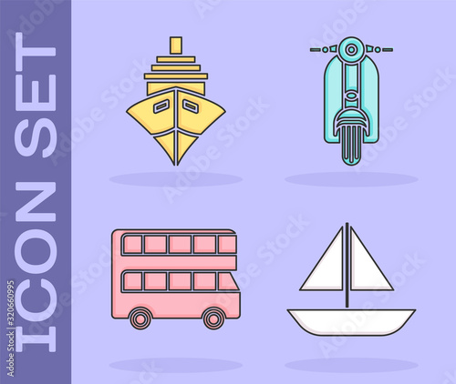 Set Yacht sailboat or sailing ship, Cargo ship, Double decker bus and Scooter icon. Vector