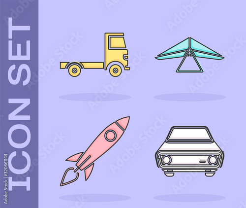 Set Car, Delivery cargo truck vehicle, Rocket ship with fire and Hang glider icon. Vector