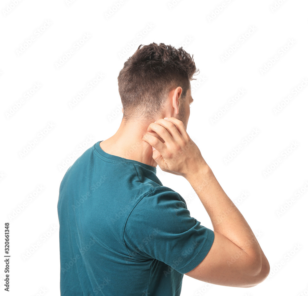Scratching allergic man on white background Scratching allergic man on white background
