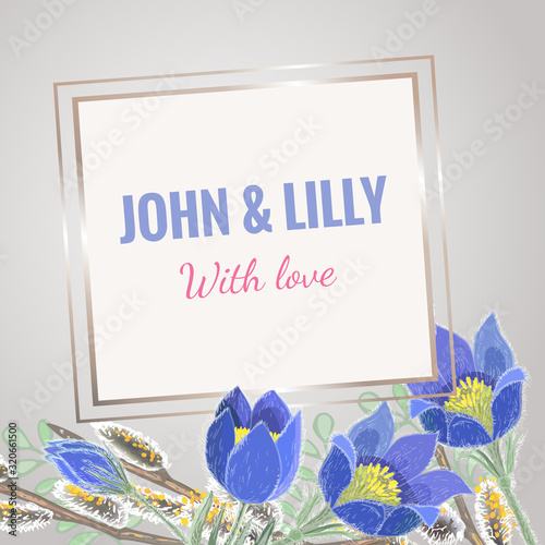 Vector image of a card with snowdrops, willow and the inscription: John & Lilly