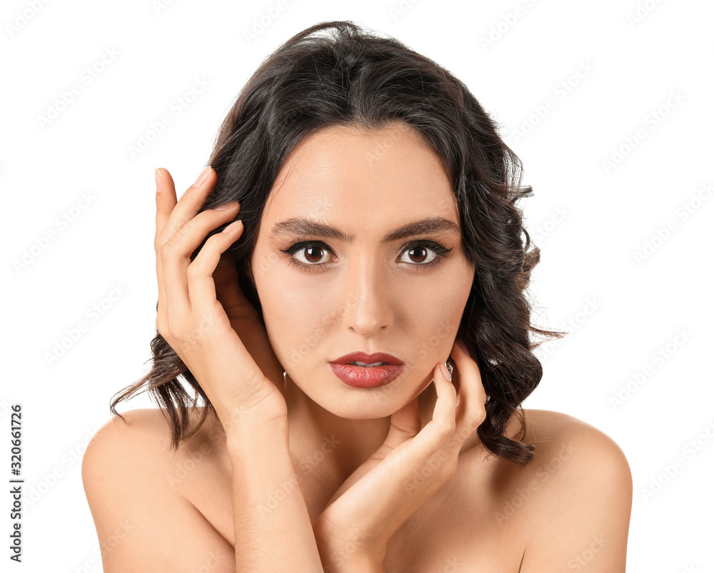 Beautiful young woman with stylish makeup on white background
