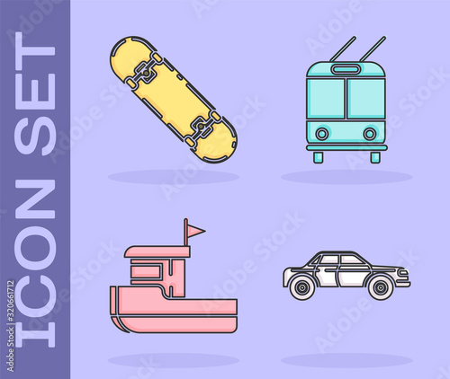 Set Sedan car, Skateboard, Fishing boat and Trolleybus icon. Vector