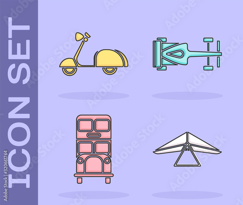 Set Hang glider, Scooter, Double decker bus and Formula race car icon. Vector
