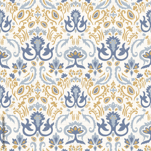French blu shabby chic damask vector texture background. Antique white yellow blue seamless pattern. Hand drawn floral interior wallpaper home decor swatch. Classic baroque medallion all over print
