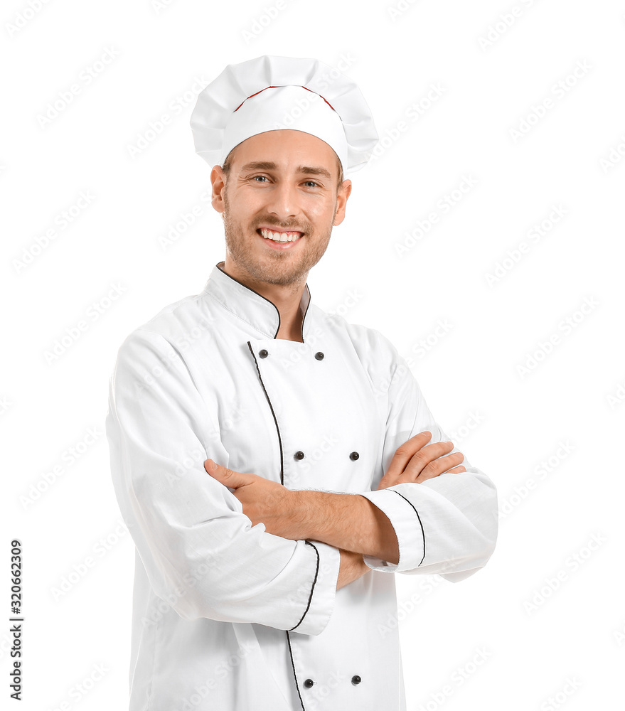 Handsome male chef on white background